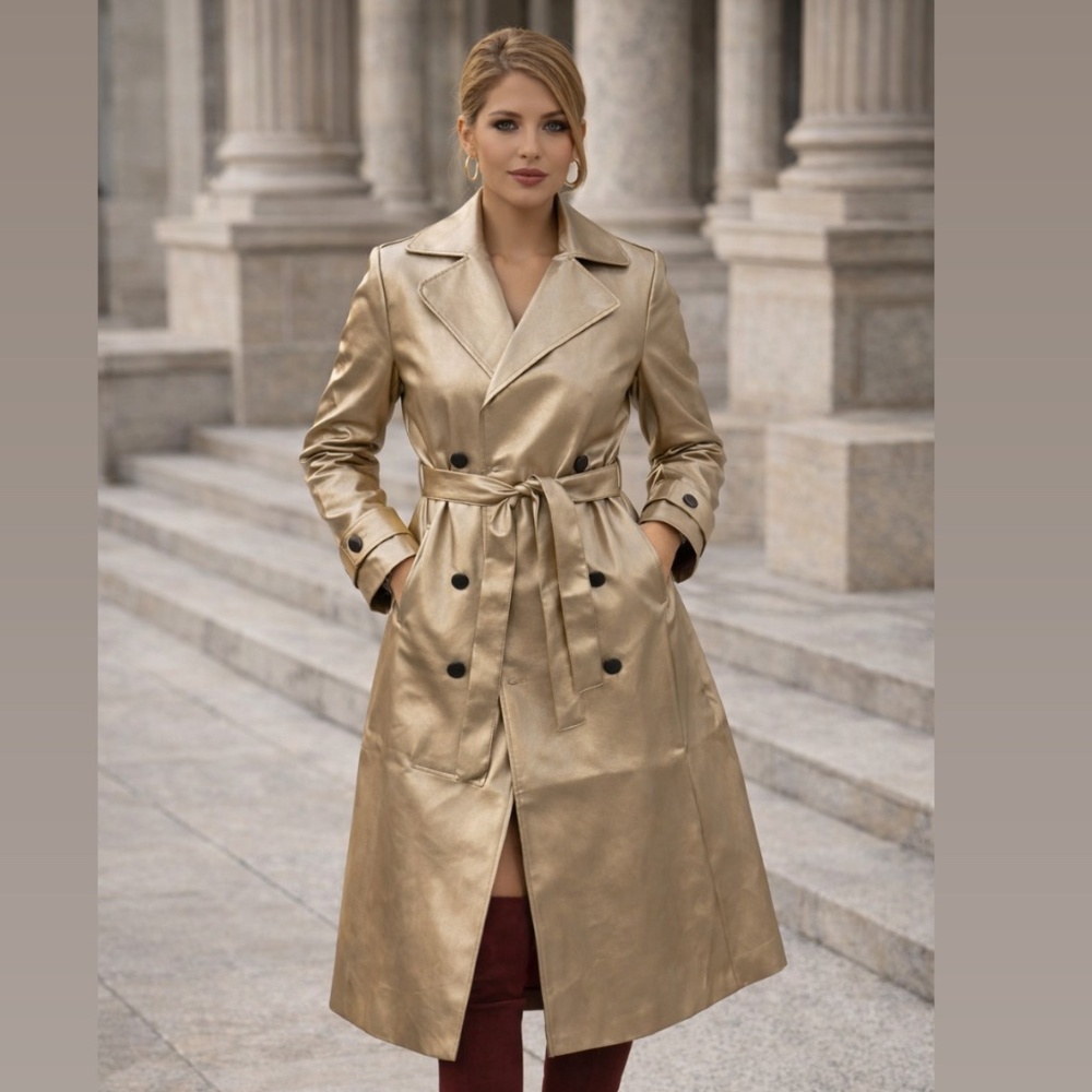 NWT Peach Metallic Trench Leather Coat in Large